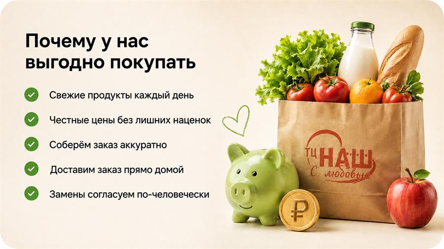 Почему у нас выгодно покупать: свежие продукты каждый день, честные цены, аккуратная сборка, доставка заказа прямо домой, замены согласуем по-человечески